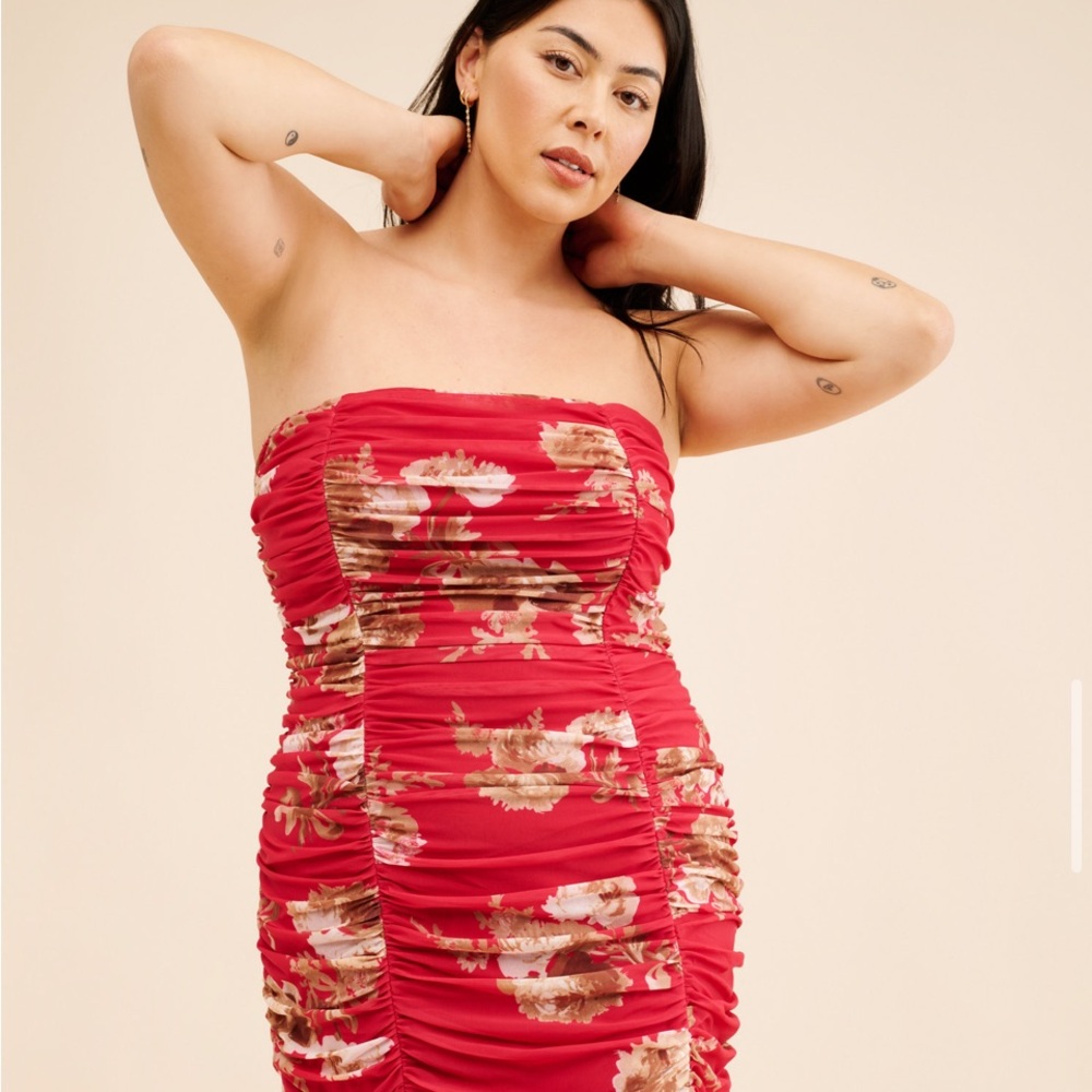 Anthropologie Red and Pink Strapless Dress